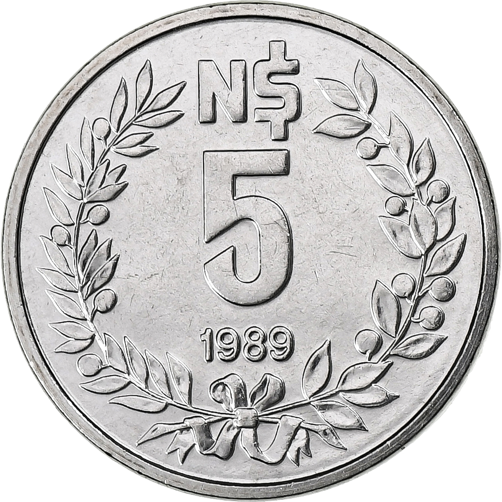 Uruguay, 5 Nuevo Pesos, 1989, Pessac, Stainless Steel, , KM:92