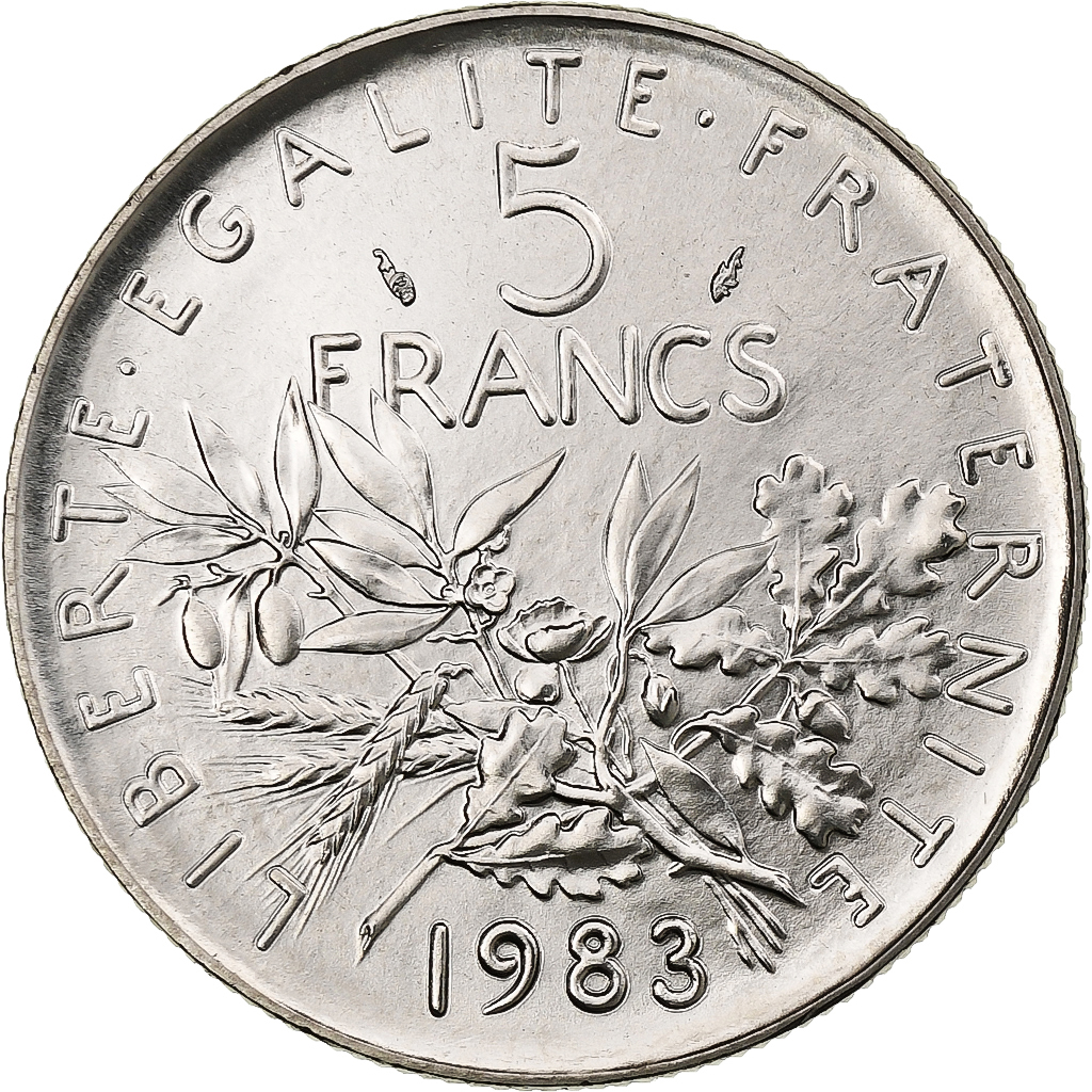 France, 5 Francs, Semeuse, 1983, Pessac, Copper-nickel, MS(63), Gadoury:771