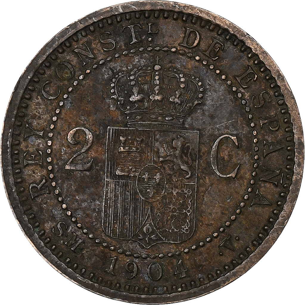 Spain, Alfonso XIII, 2 Centimos, 1904, Madrid, Bronze, 