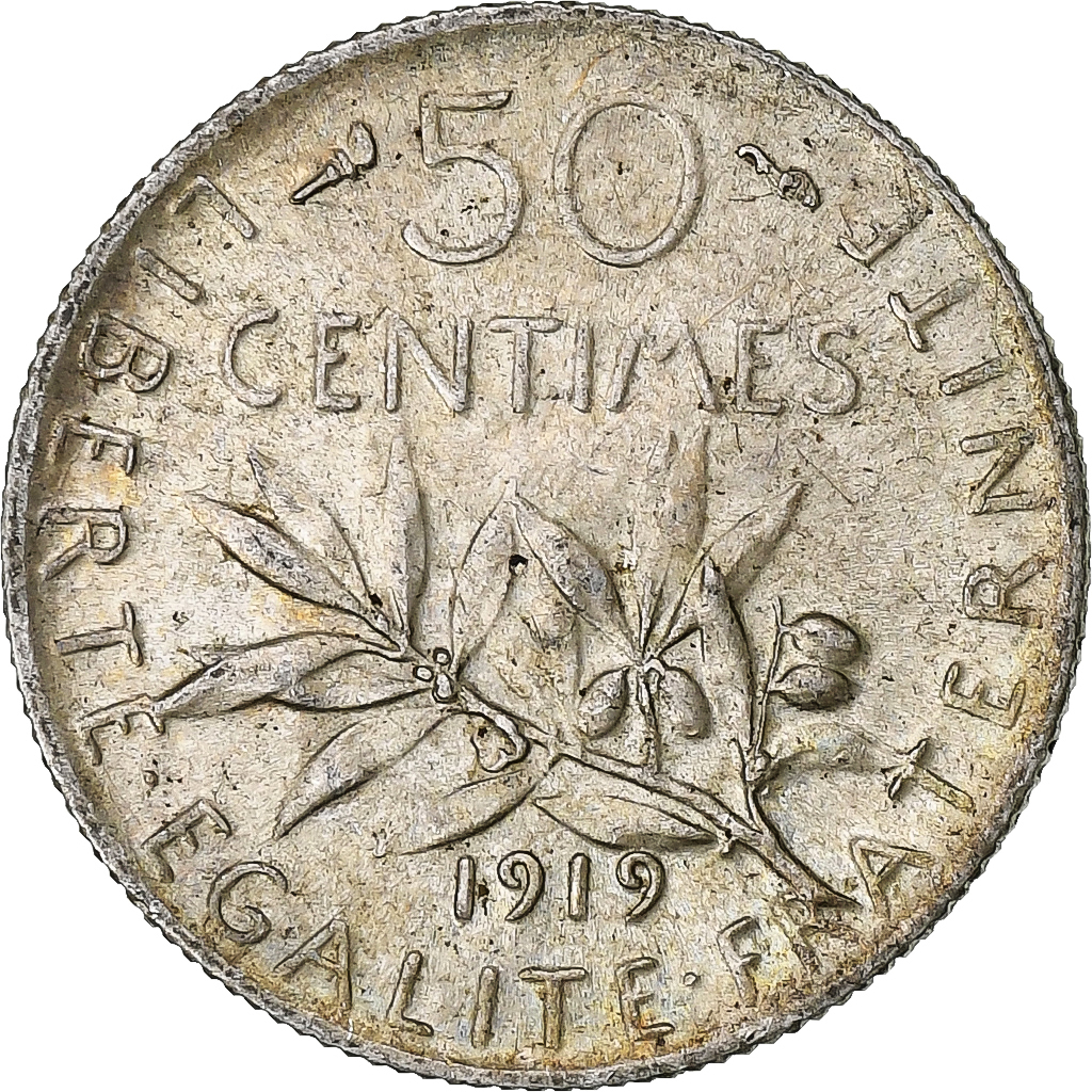 France, 50 Centimes, Semeuse, 1919, Paris, Silver, 
