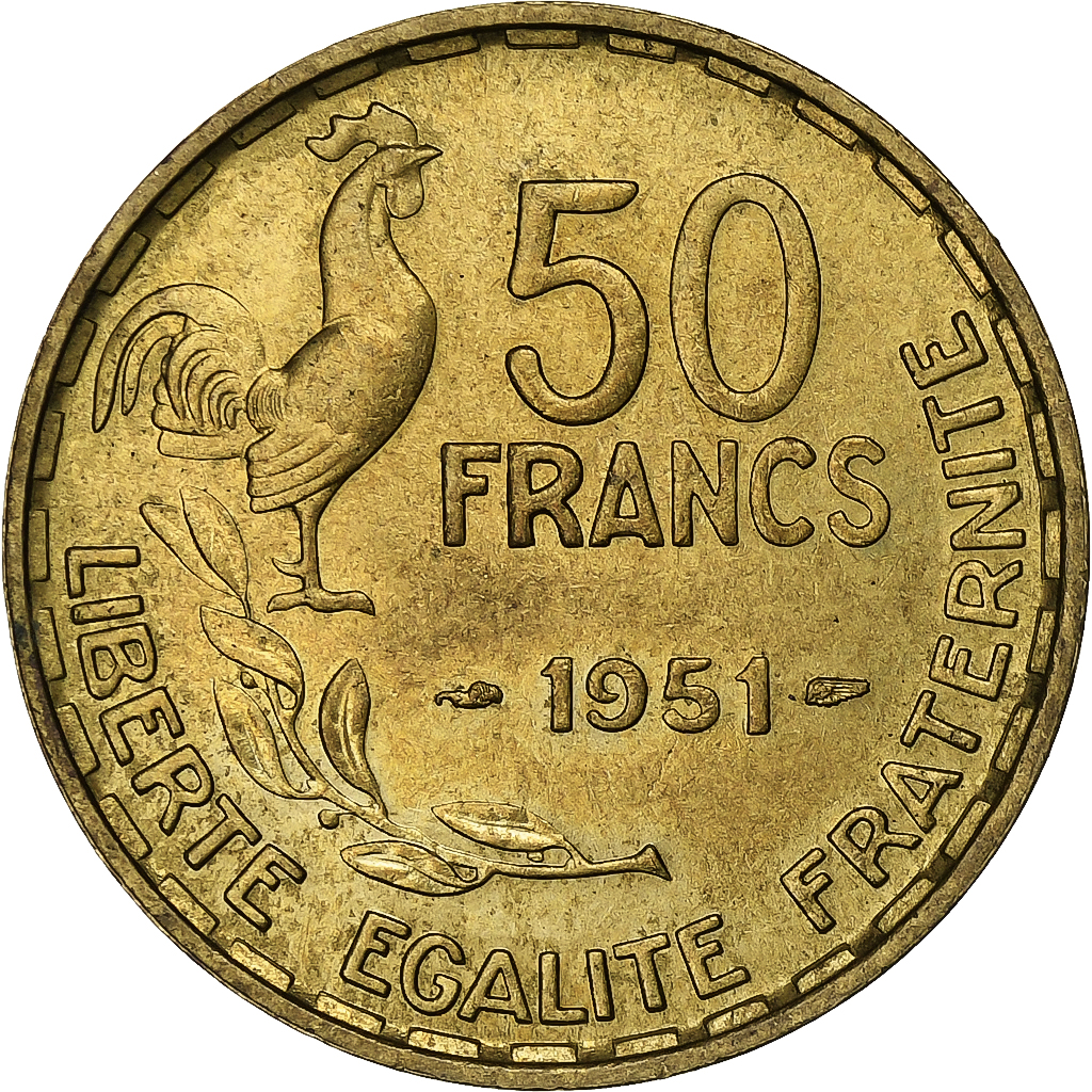 France, 50 Francs, Guiraud, 1951, Paris, Cupro-Aluminium, 
