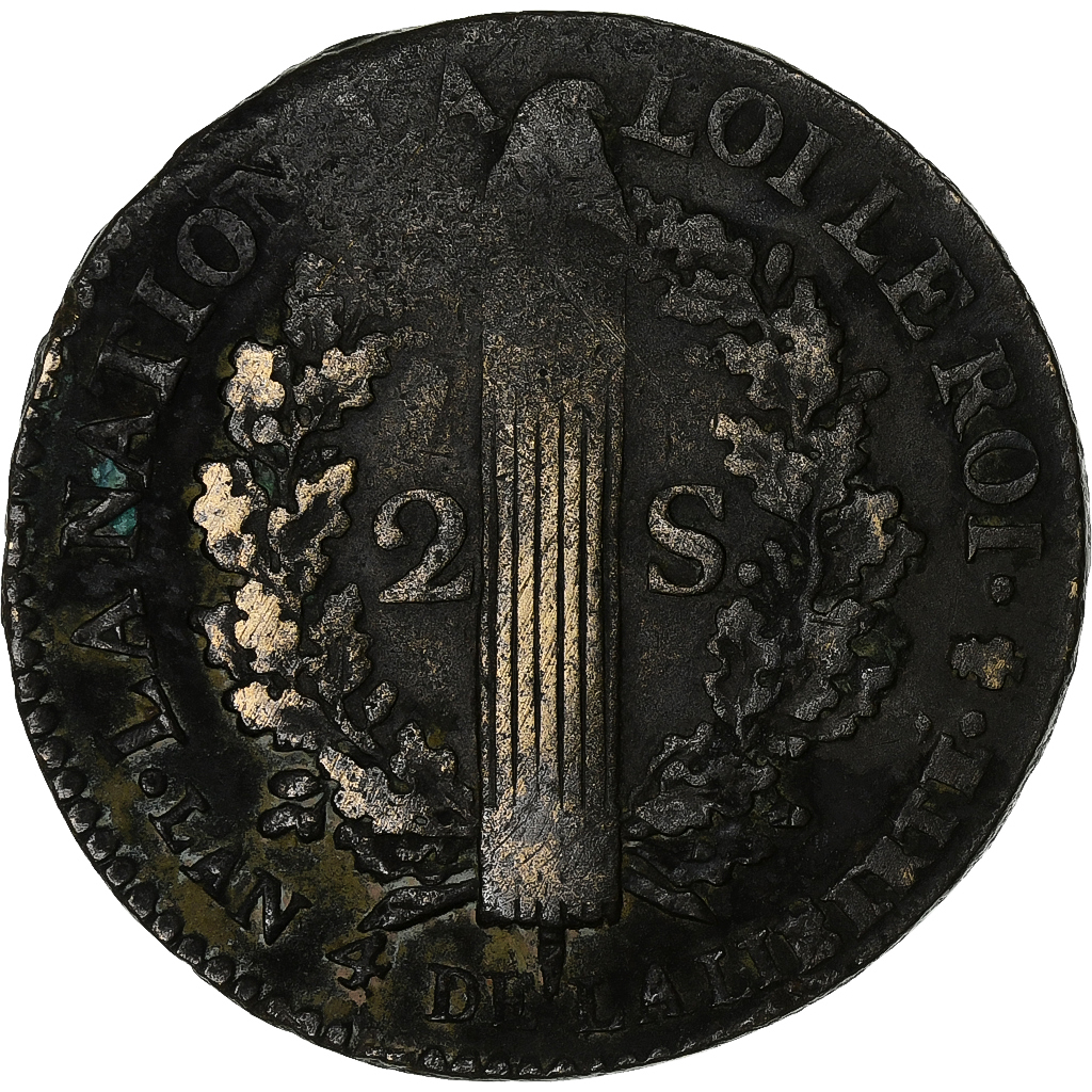 France, Louis XVI, 2 sols François, 1792 / AN 4, Paris, Métal de cloche