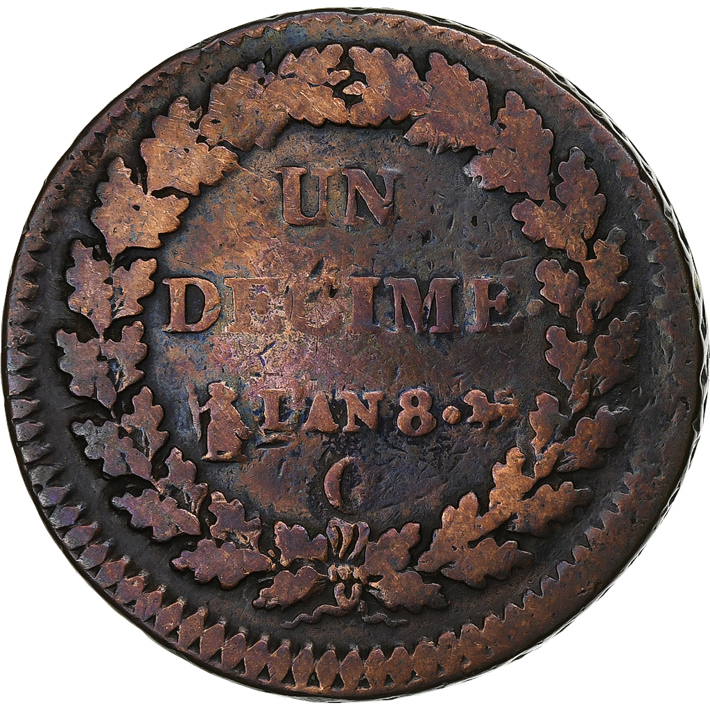 France, Decime, Dupré, AN 8, Geneva, Copper, VF, Gadoury:187a