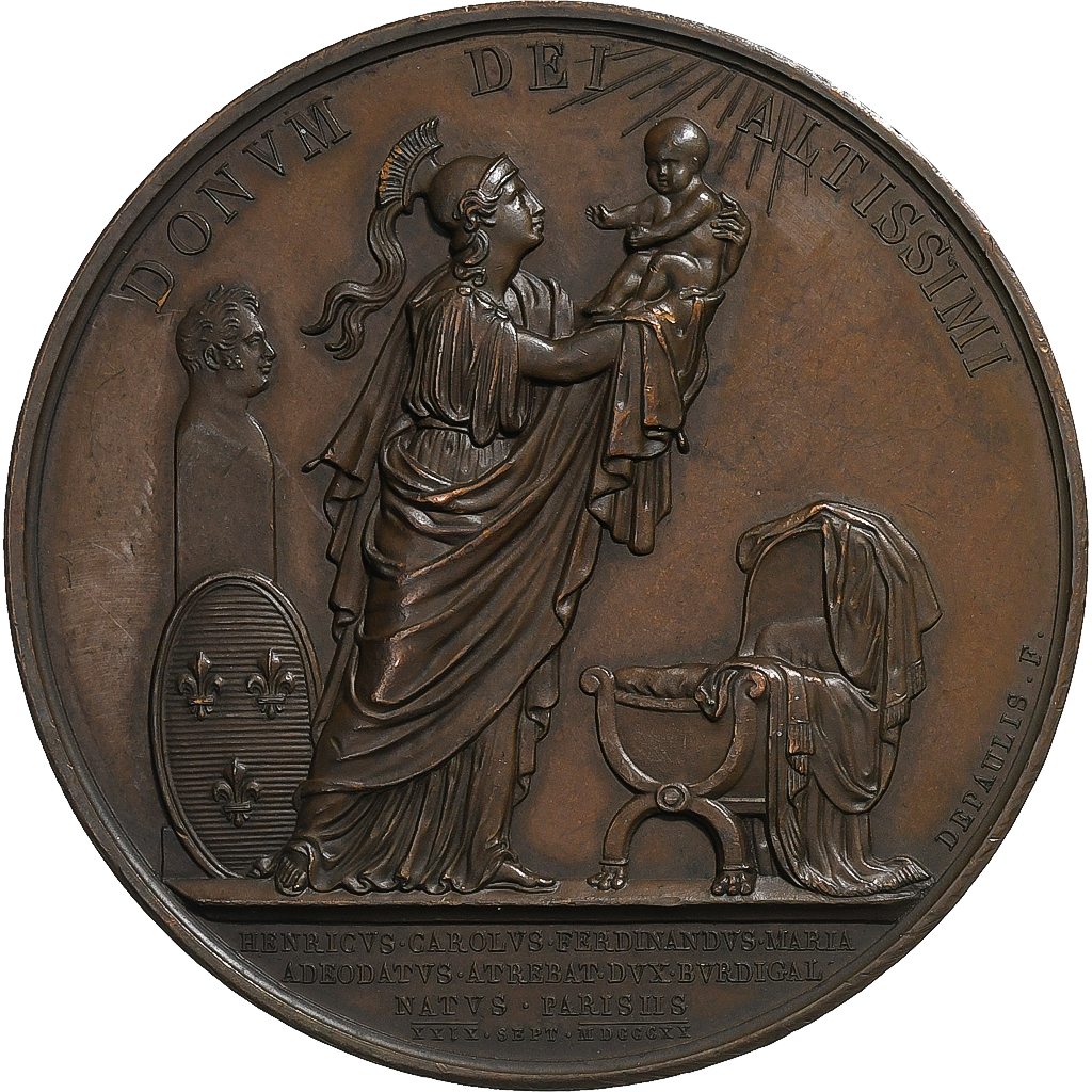 France, Medal, Louis XVIII, Birth of the Comte of Chambord, 1820, Copper