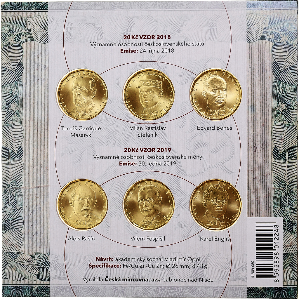 Czech Republic, Set 6x20 Kč, 2018-2019, Česká mincovna, Brass plated steel