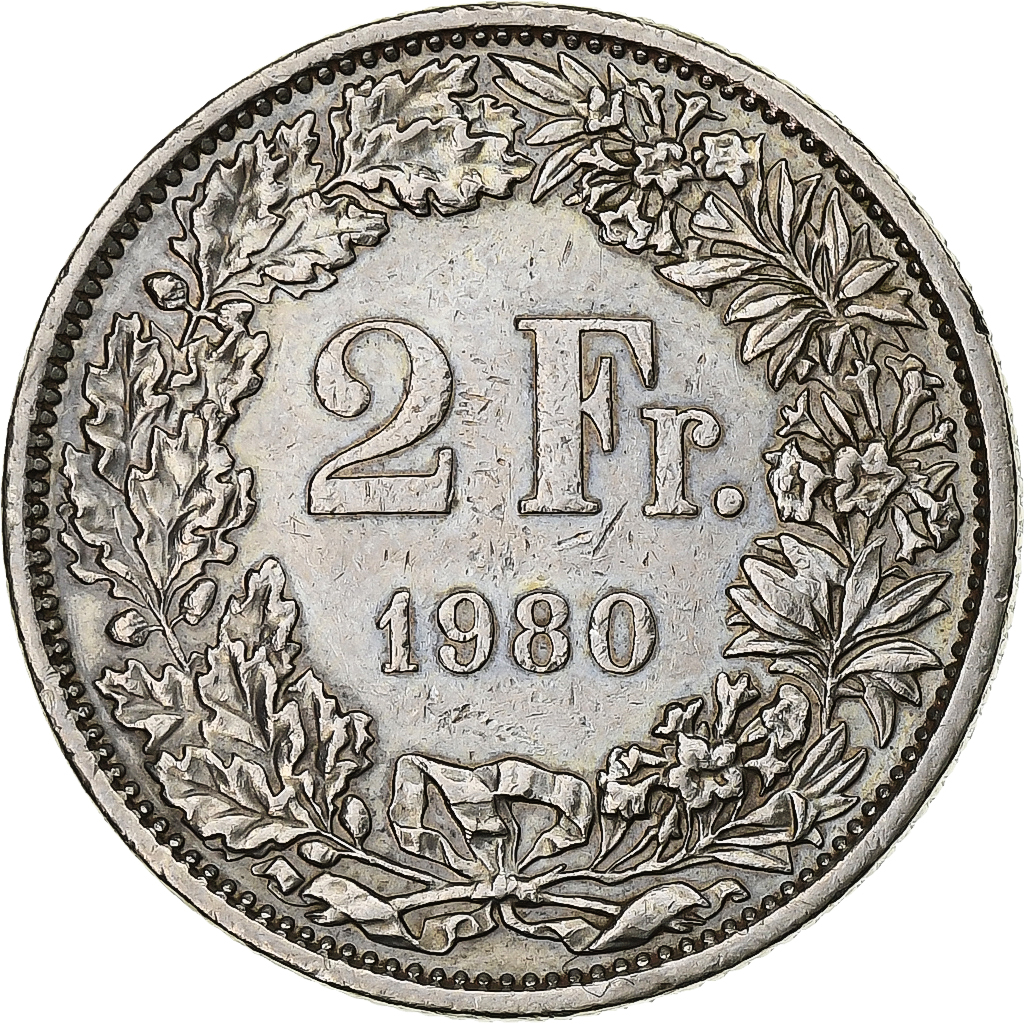 Switzerland, 2 Francs, Helvetia, 1980, Bern, Copper-nickel, 