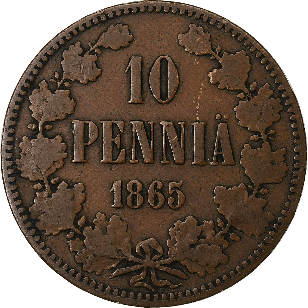 Finland, Alexander II, 10 Pennia, 1865, Helsinki, Copper, VF