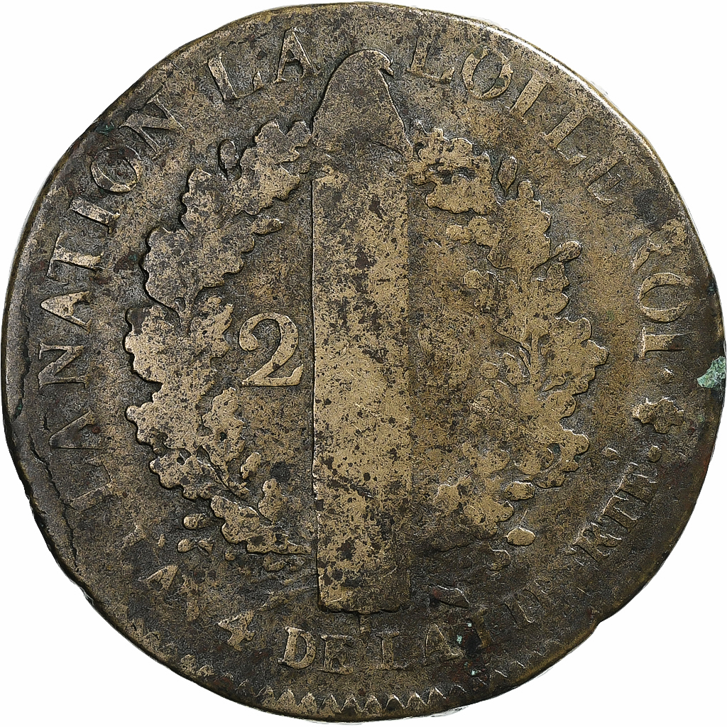 France, Louis XVI, 2 sols François, 1792 / AN 4, Paris, Bell metal, 