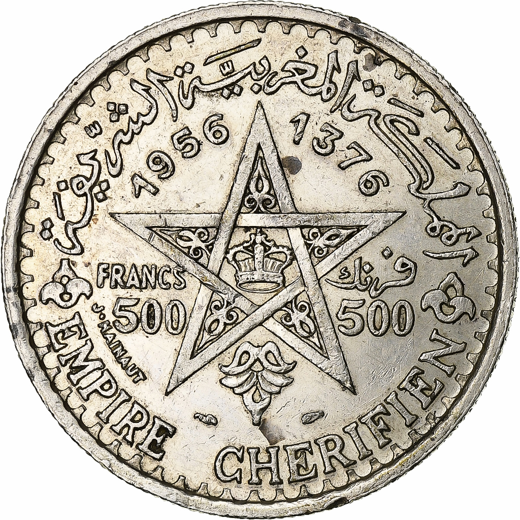 Morocco, Mohammed V, 500 Francs, AH 1376 (1956), Paris, Silver, 