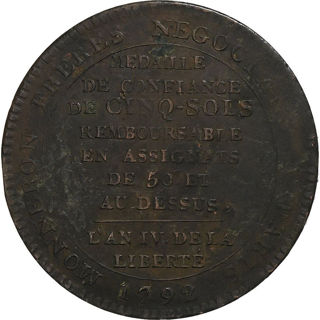 France, Monneron de 5 Sols, 1792, Birmingham, Bronze, 