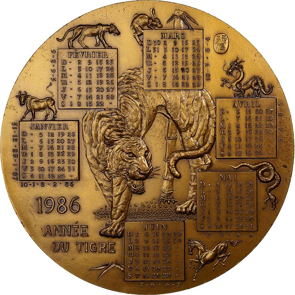 France, Medal, Calendar, Year of Tiger, 1986, MDP, Bronze Florentin, Oshio