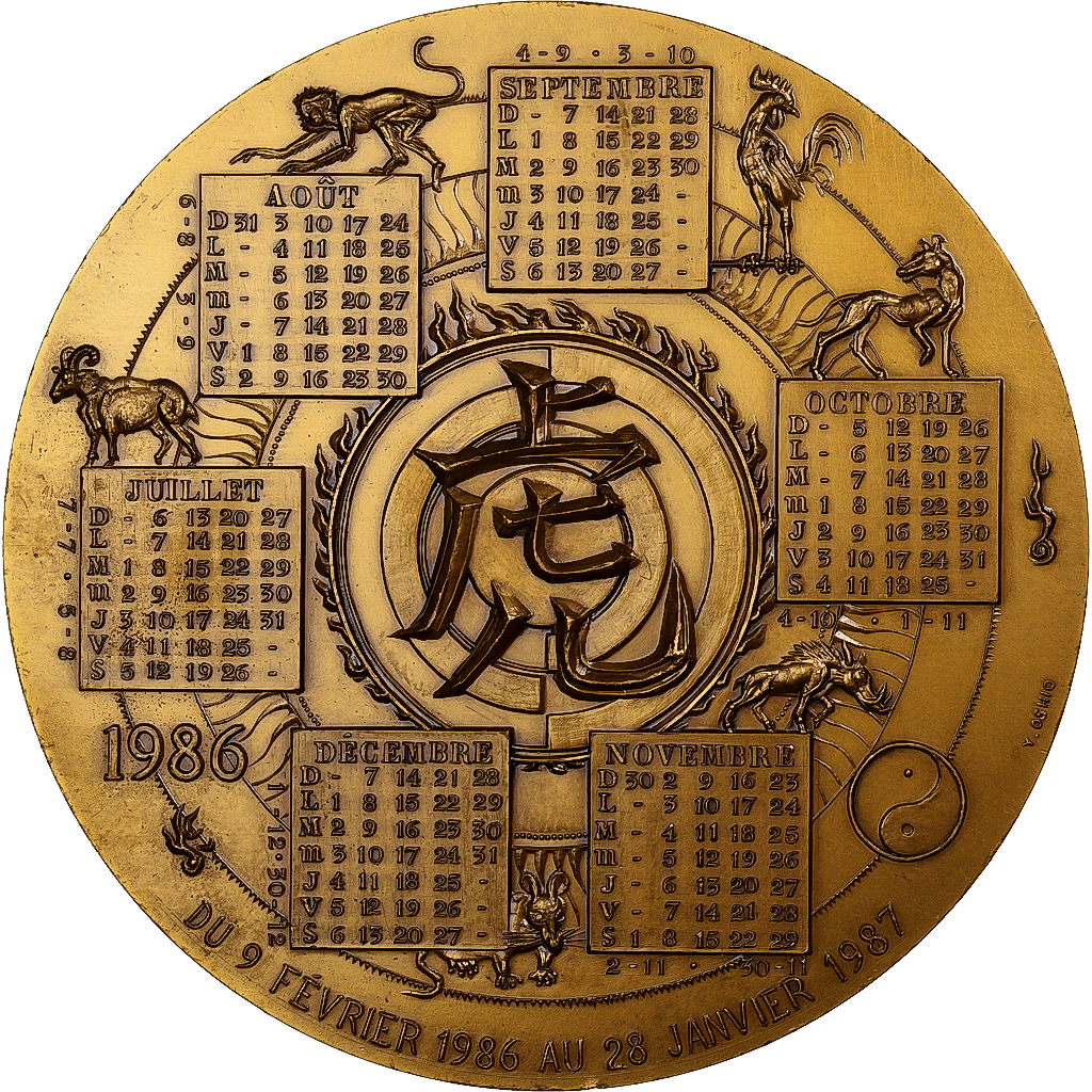 France, Medal, Calendar, Year of Tiger, 1986, MDP, Bronze Florentin, Oshio