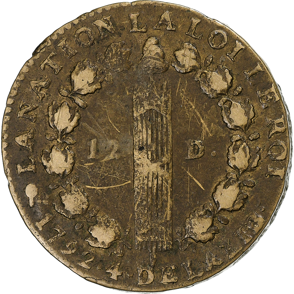 France, Louis XVI, 12 deniers François, 1792 / AN 4, Bordeaux, Bell metal