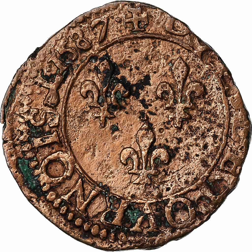 France, Henri III, Double Tournois, 1587, Amiens, Copper, 