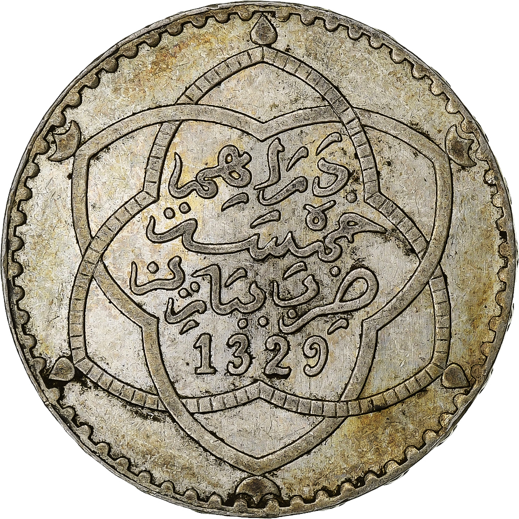 Morocco, Abdelhafid, 5 Dirhams, AH 1329 (1911), Paris, Silver, 