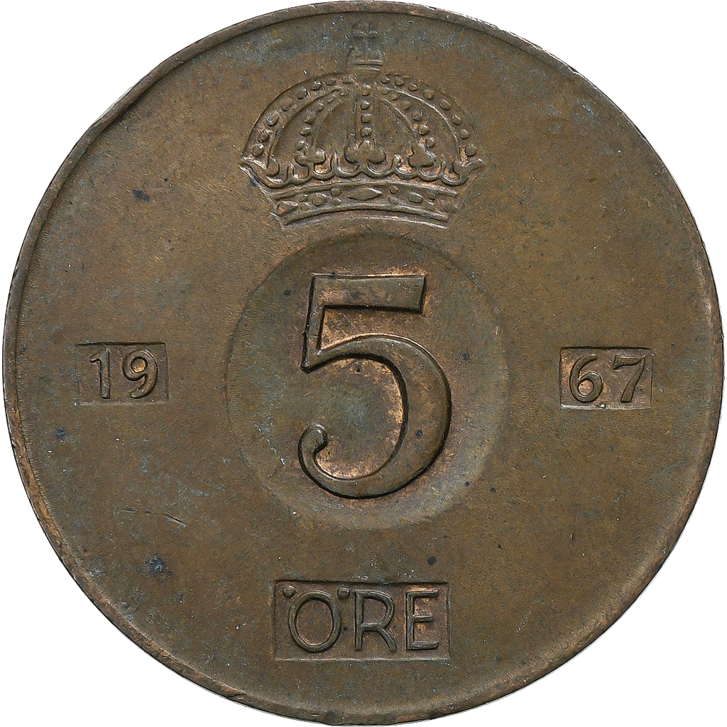 Sweden, Gustaf VI, 5 Öre, 1967, Stockholm, Bronze, 
