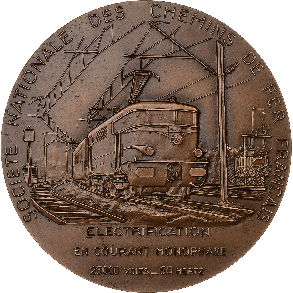France, Medal, SNCF, électrification, 1959, Bronze, Belmondo, 