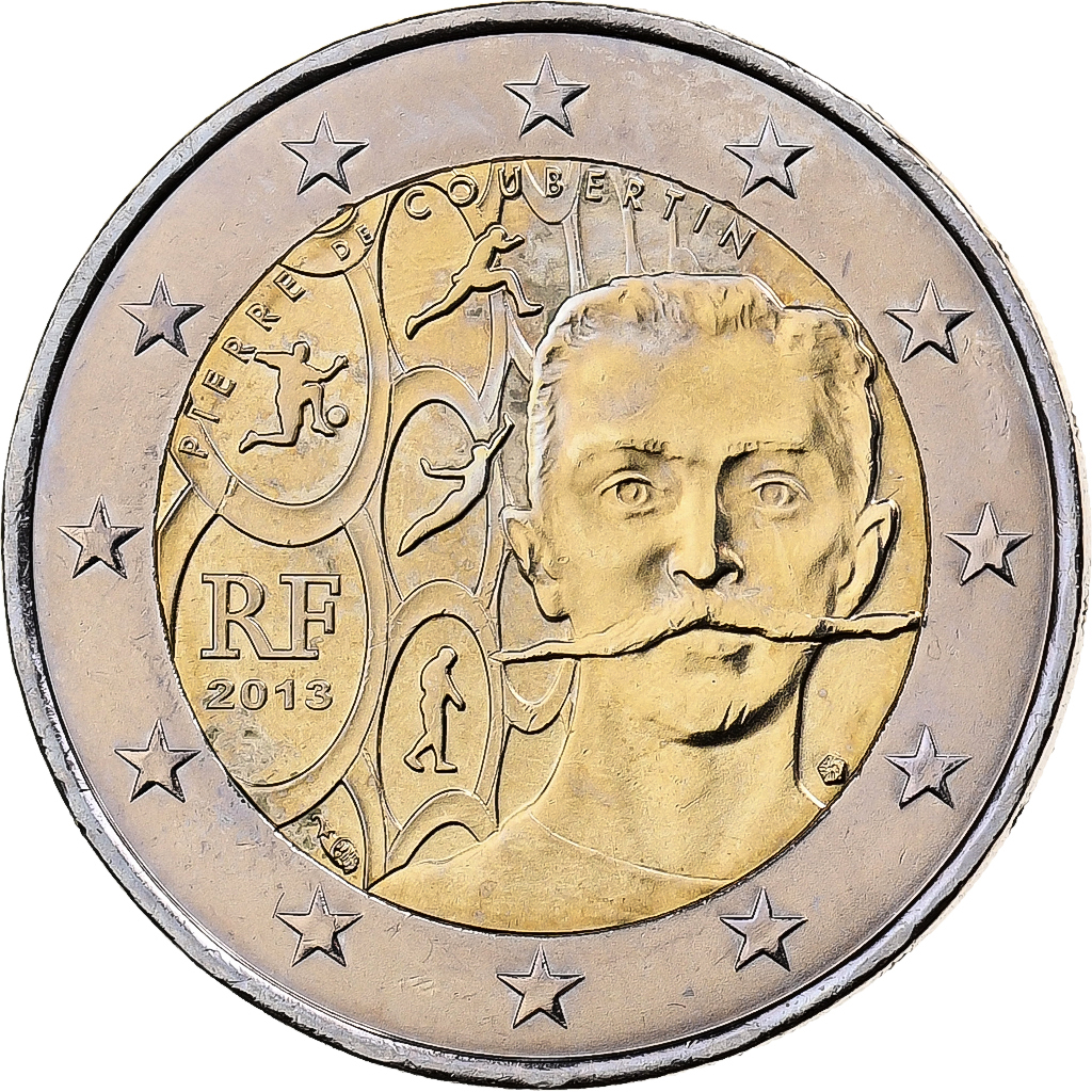 France, 2 Euro, Pierre de Coubertin, 2013, MDP, Bi-Metallic, 