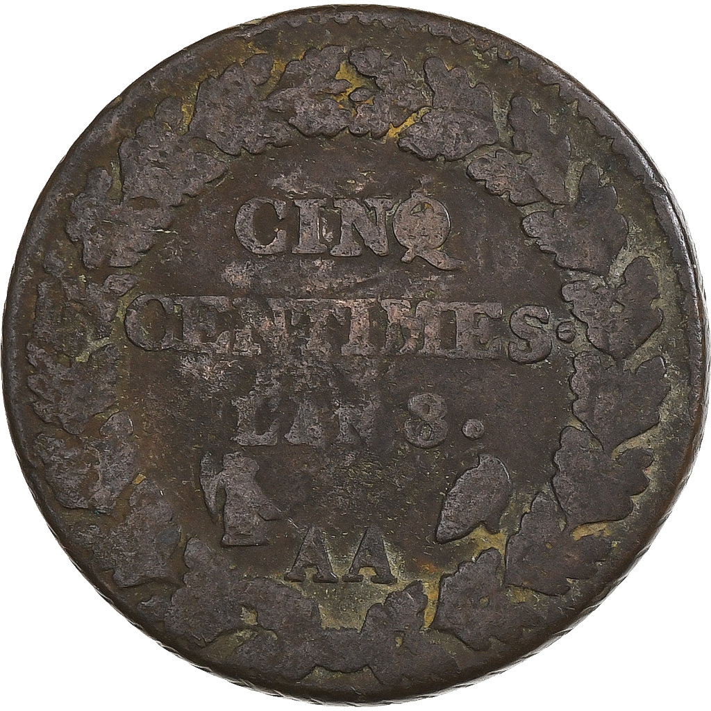 France, 5 Centimes, Dupré, AN 8, Metz, Copper, 
