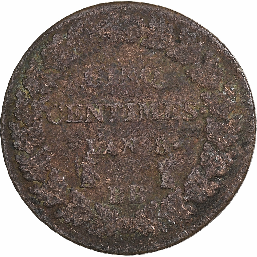 France, 5 Centimes, Dupré, AN 8, Strasbourg, Copper, 