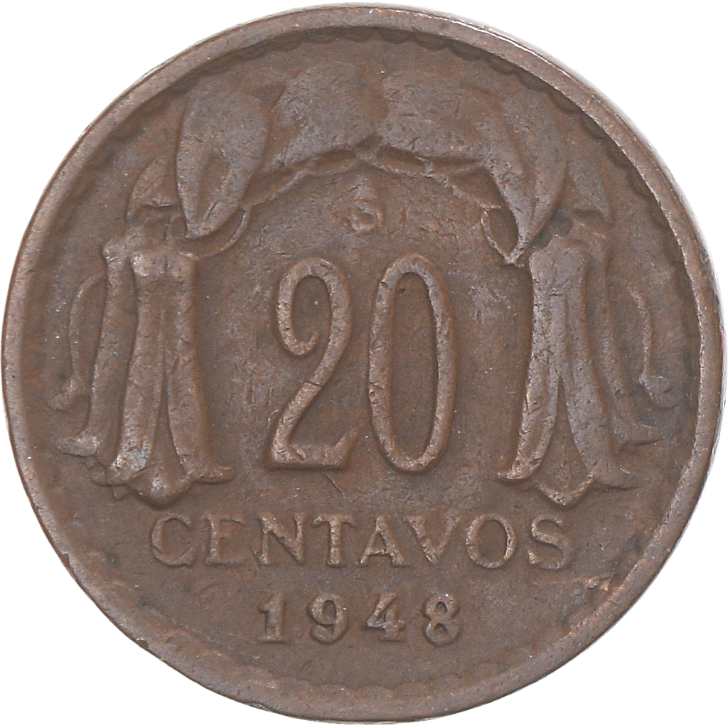 Coin, Chile, 20 Centavos, 1948