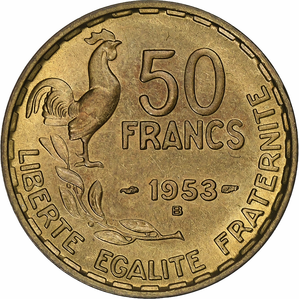 France, 50 Francs, Guiraud, 1953, Beaumont-Le-Roger, Cupro-Aluminium, MS