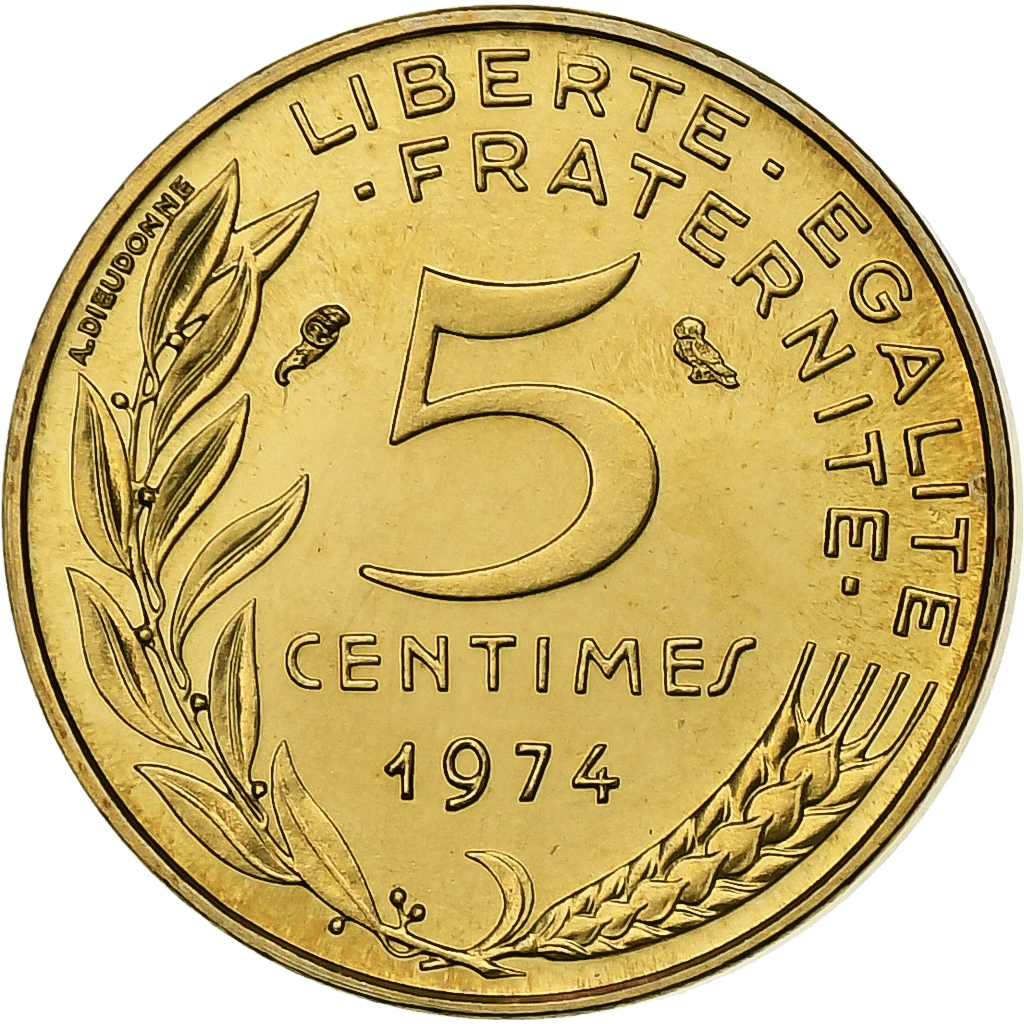 France, 5 Centimes, Marianne, 1974, MDP, série FDC, Bronze-Aluminium, 