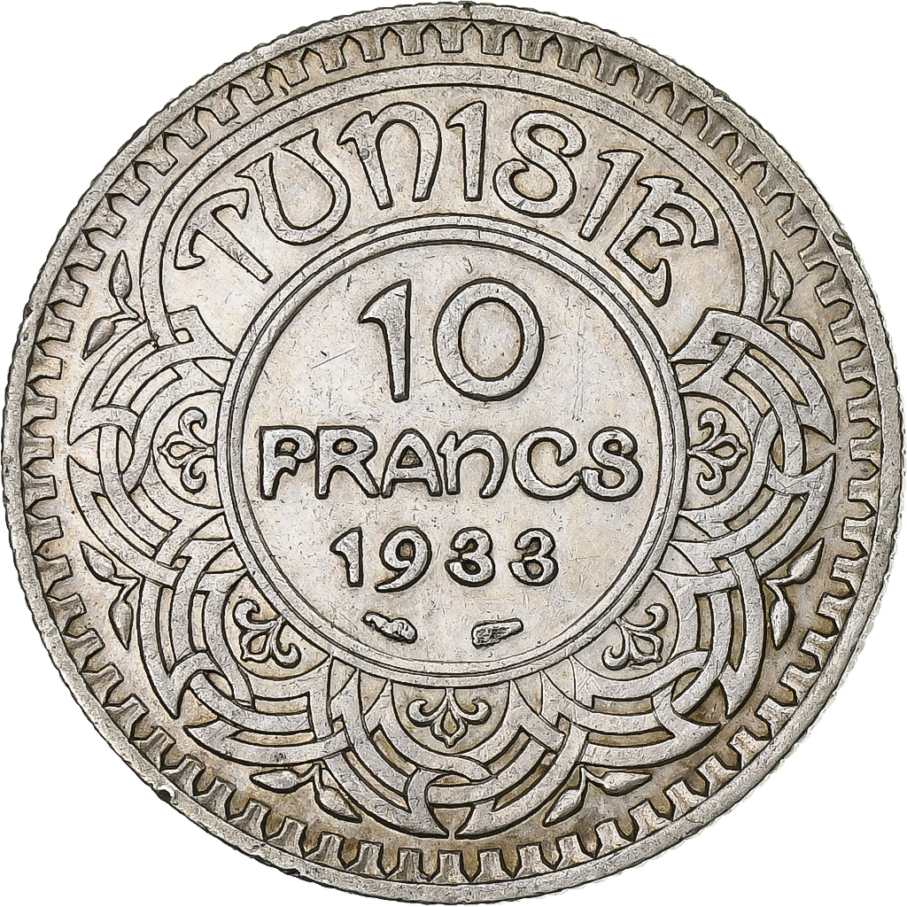 Tunisia, Ahmad Pasha Bey, 10 Francs, 1933/AH1352, Paris, Silver, , KM:255