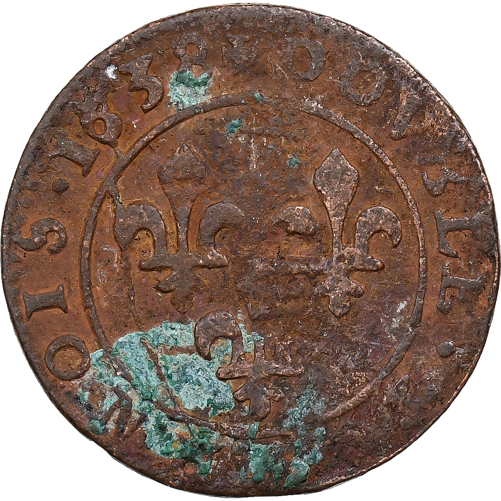 France, Louis XIII, Double Tournois, 1638, Copper, 