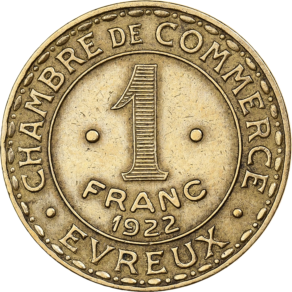 France, Chambre de commerce d'Evreux, 1 Franc, 1922, , Brass