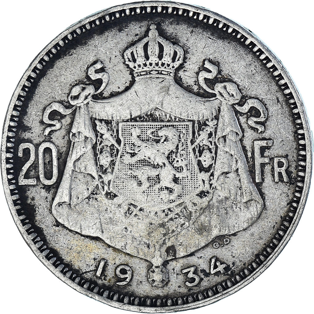 Coin, Belgium, 20 Francs, 20 Frank, 1934