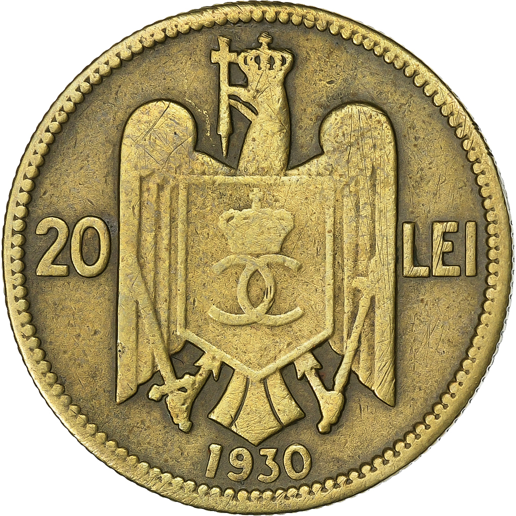 Romania, Carol II, 20 Lei, 1930, London, Nickel brass, VF, KM:51