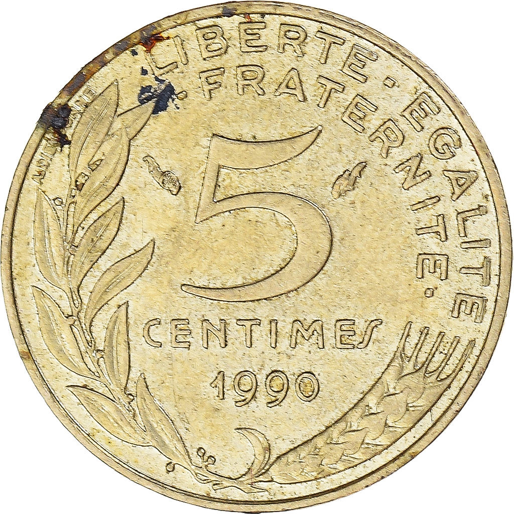 Coin, France, 5 Centimes, 1990