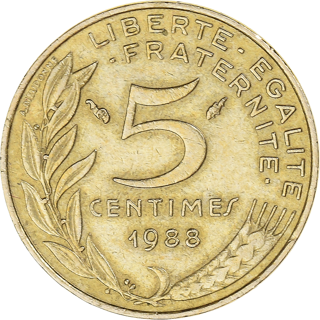 Coin, France, 5 Centimes, 1988