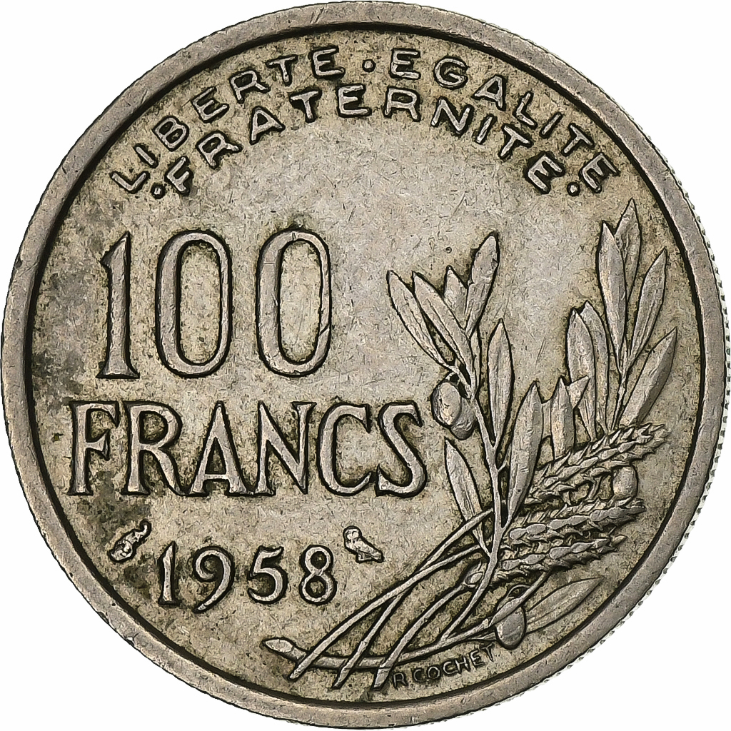 France, 100 Francs, Cochet, 1958, MDP, Owl, Copper-nickel, 