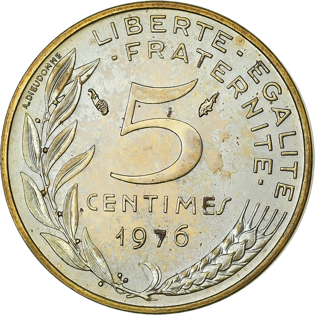 France, 5 Centimes, Marianne, 1976, MDP, série FDC, Bronze-Aluminium, 