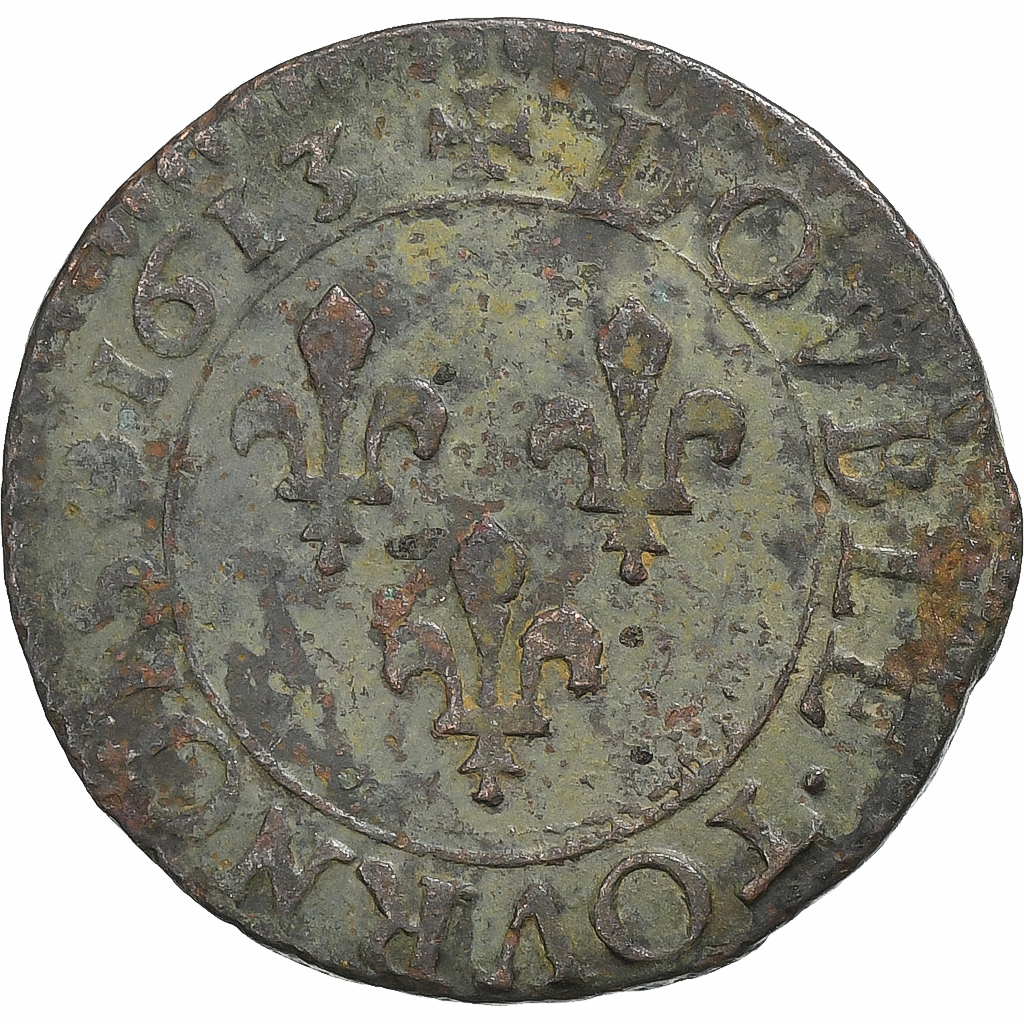 France, Louis XIII, Double Tournois, 1613, Nantes, Copper, , CGKL:378