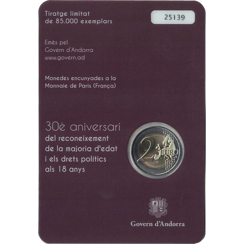 Andorra, 2 Euro, Majorité à 18 ans, 2015, STGL, Bi-Metallic