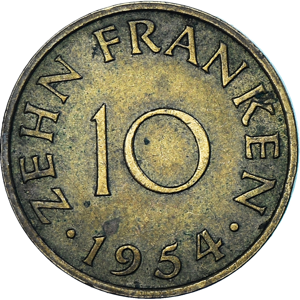Coin, SAARLAND, 10 Franken, 1954
