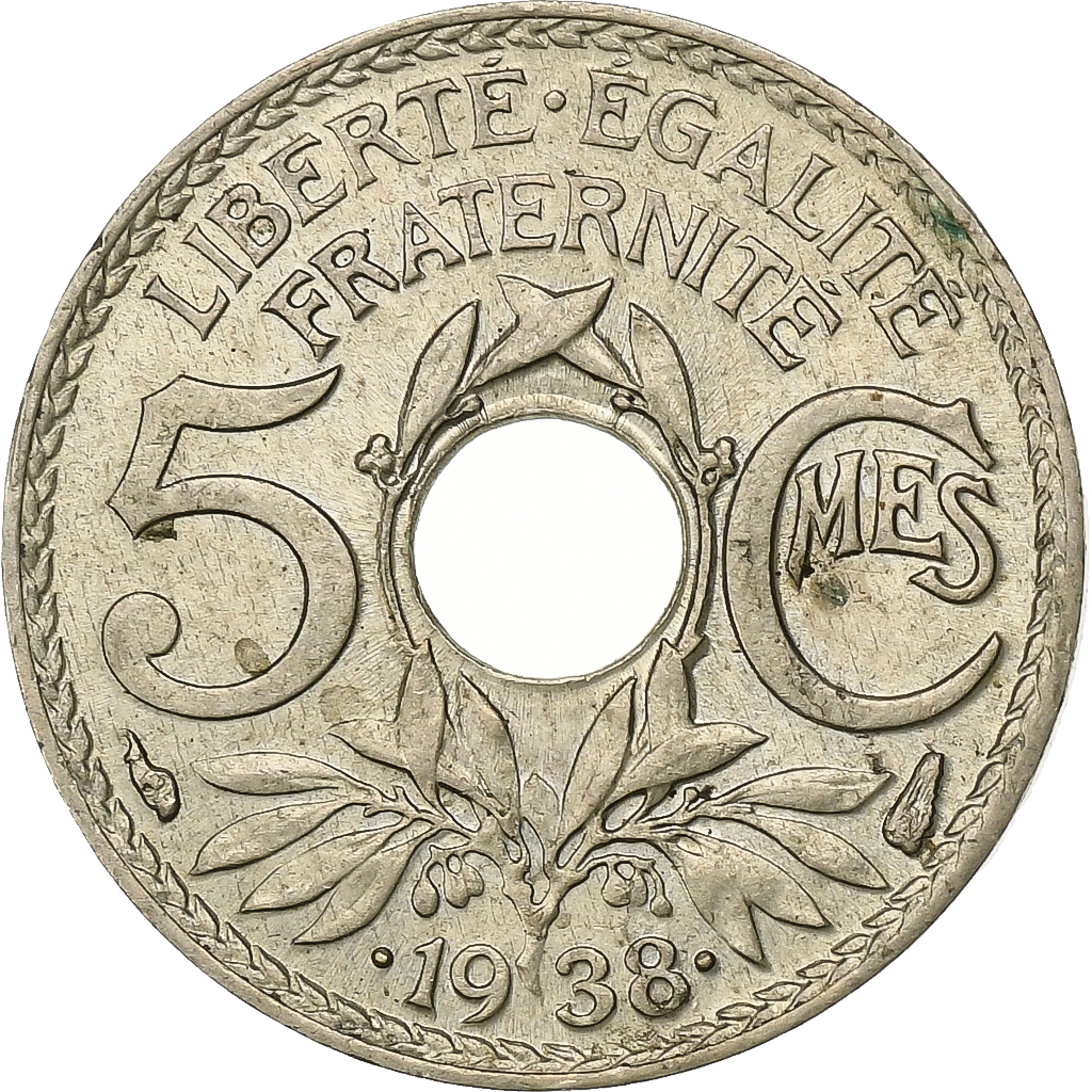 France, 5 Centimes, 1938, Paris, star, Maillechort, , Gadoury:171