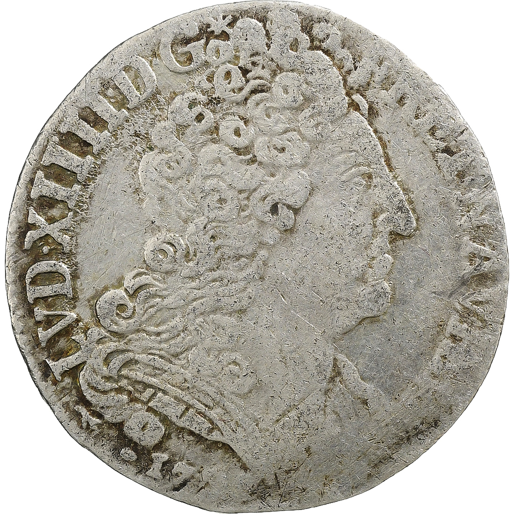 France, Louis XIV, 20 Sols aux insignes, 1707-1708, Rouen, Silver, VF(20-25)