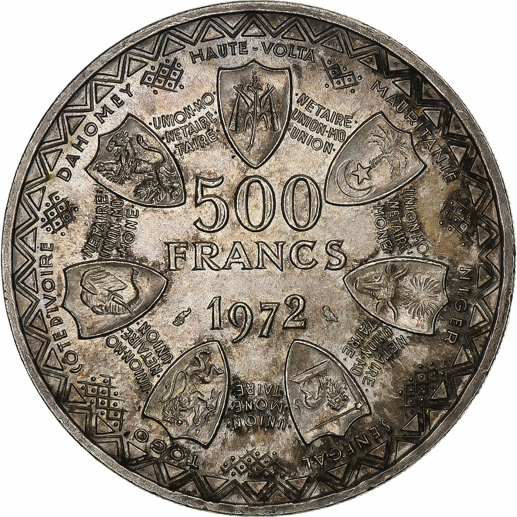 West African States, 500 Francs, Monetary Union, 1972, MDP, Silver, 