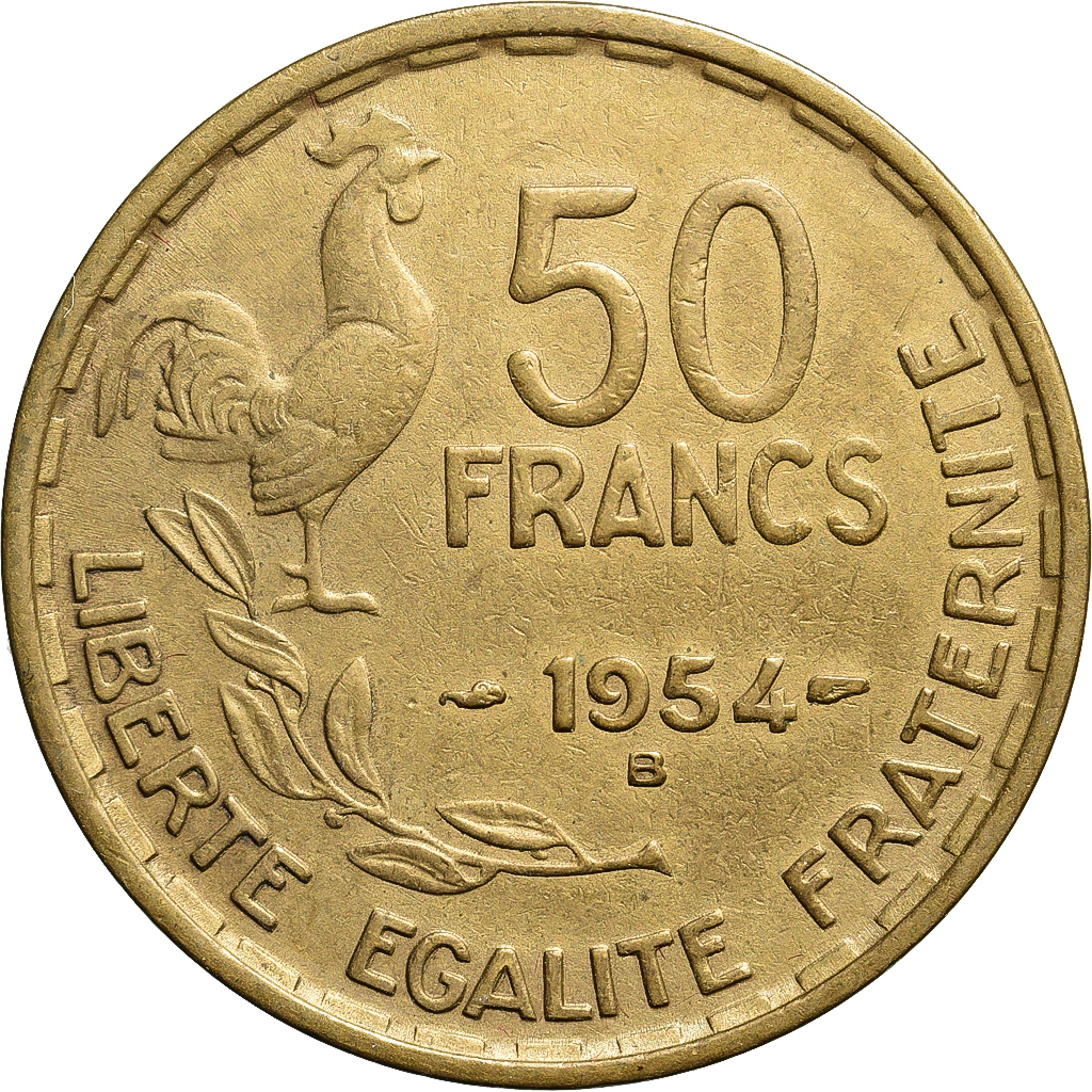 France, 50 Francs, Guiraud, 1954, Beaumont le Roger, Cupro-Aluminium, 
