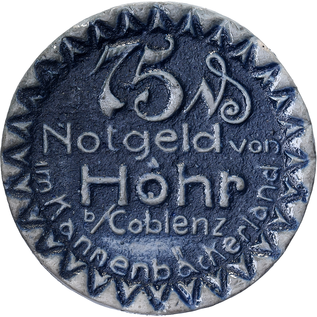 Weimar Republic, Municipality of Höhr, 75 Pfennig, 1921, MS(63), Porcelain