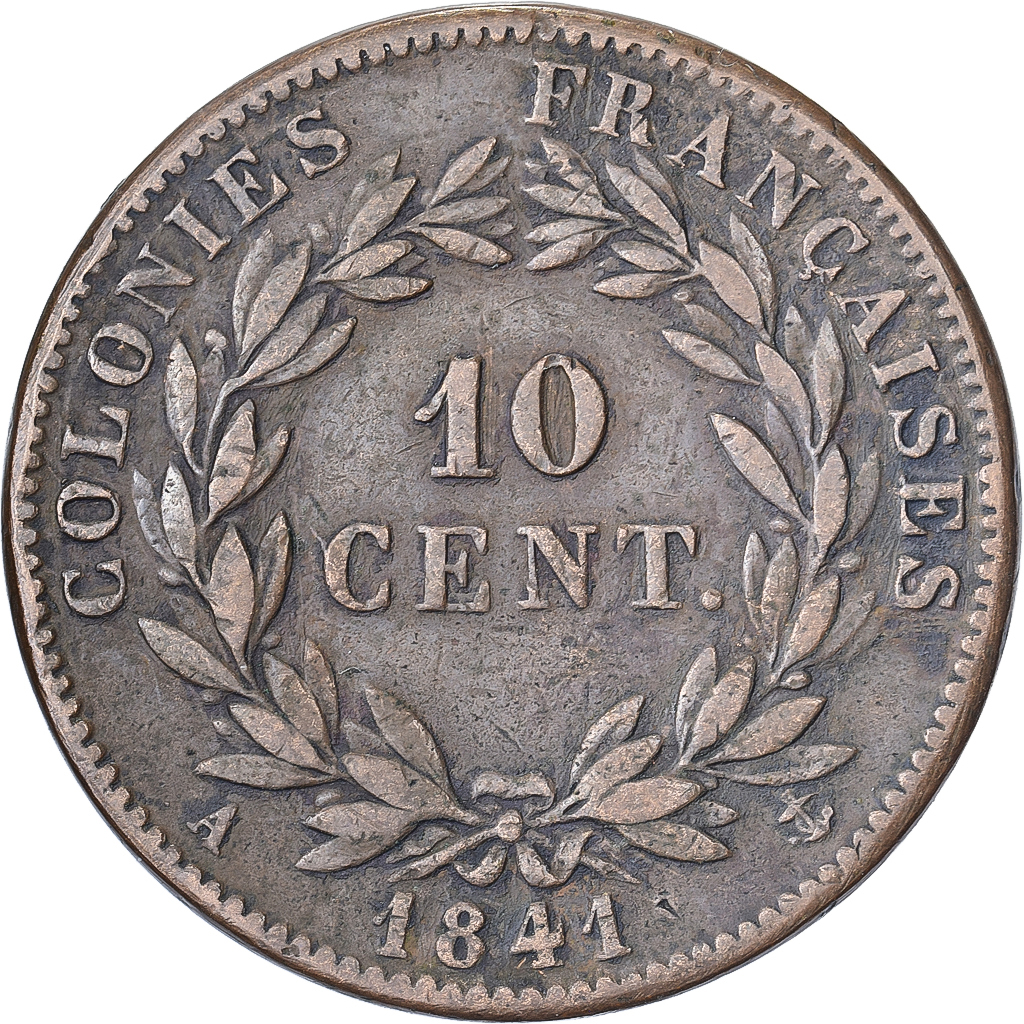 French Colonies, Louis Philippe I, 10 Centimes, 1841, Paris, Bronze, 