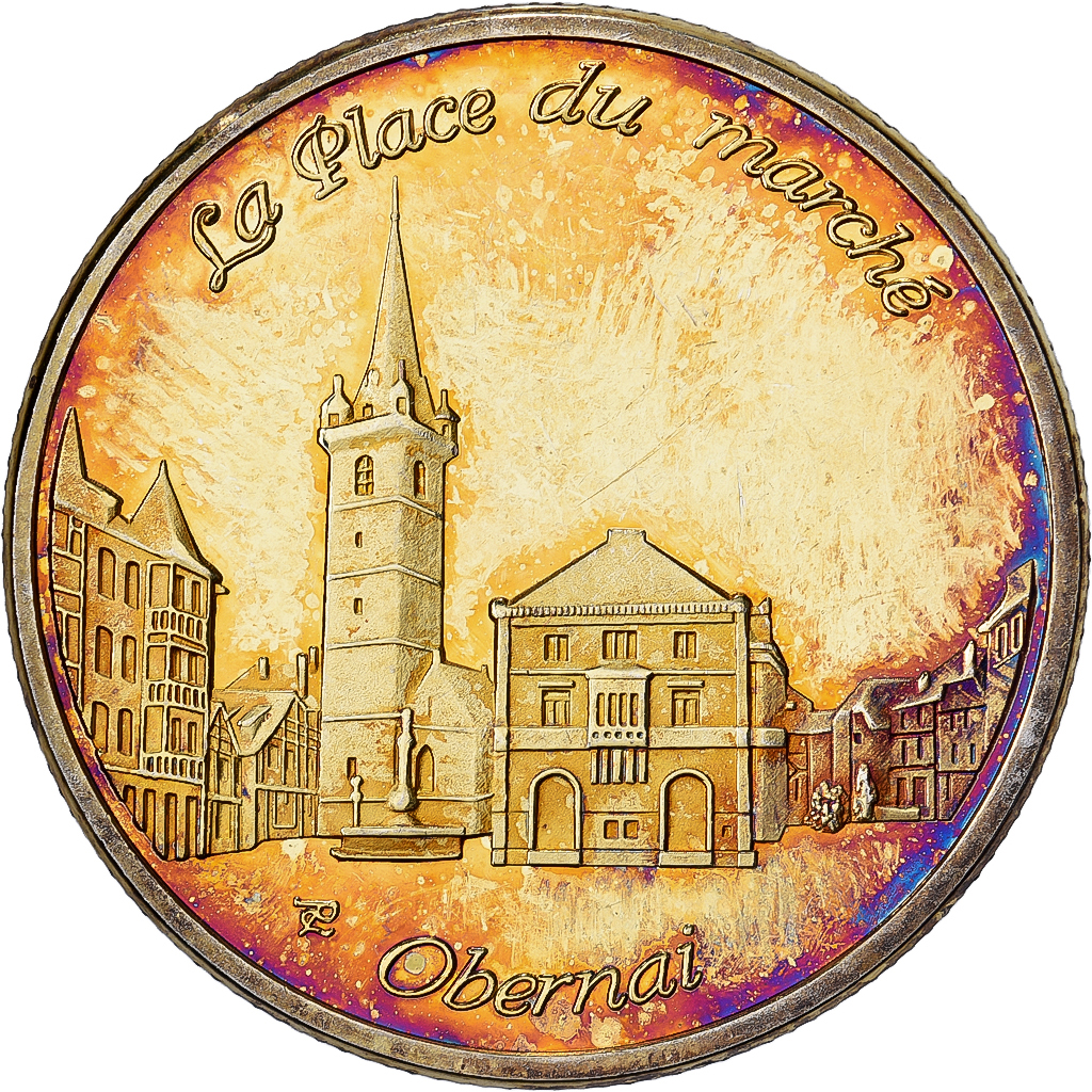 France, Medal, Obernai - La place du marché, Gilt steel, Colourized, 