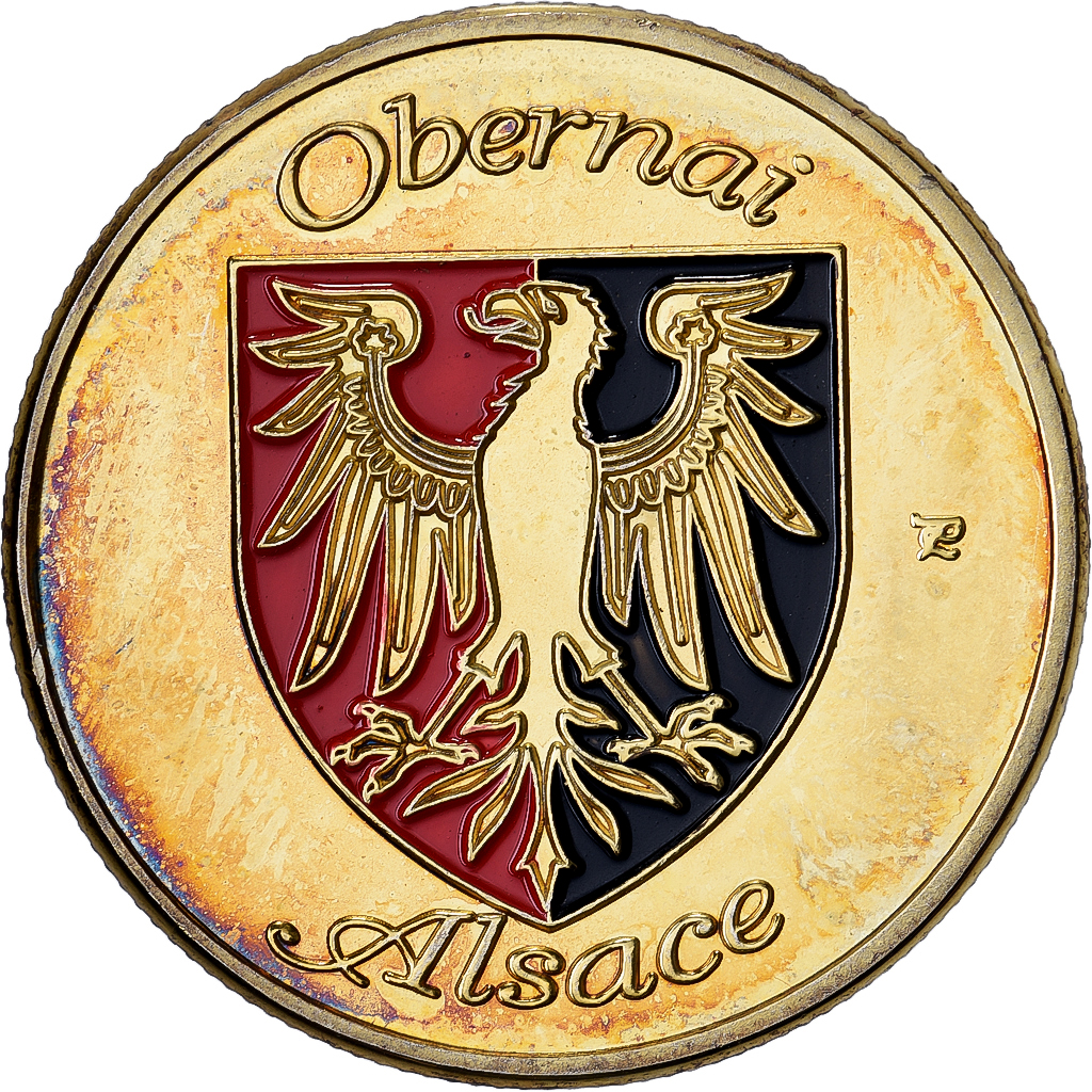 France, Medal, Obernai - La place du marché, Gilt steel, Colourized, 