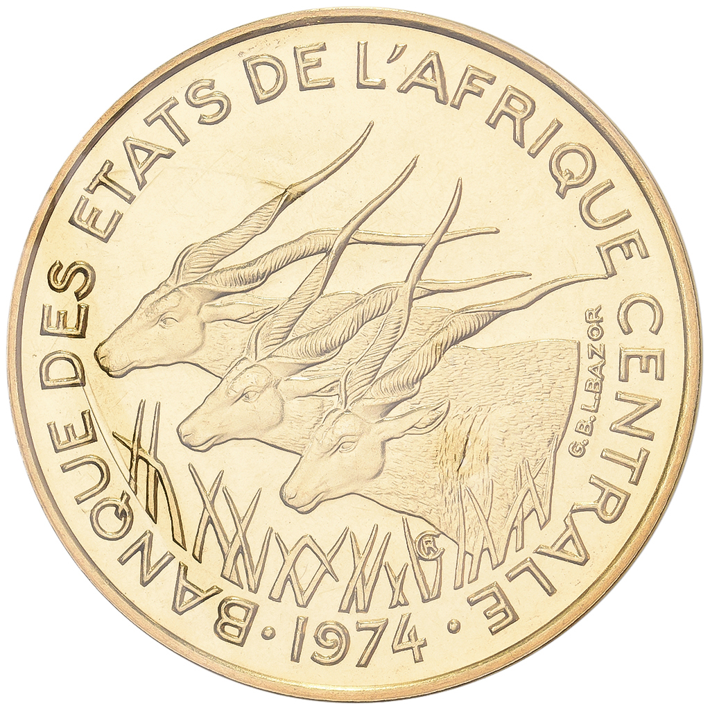 Central African States, 10 Francs, 1974, MDP, Pattern, Bronze-Aluminium