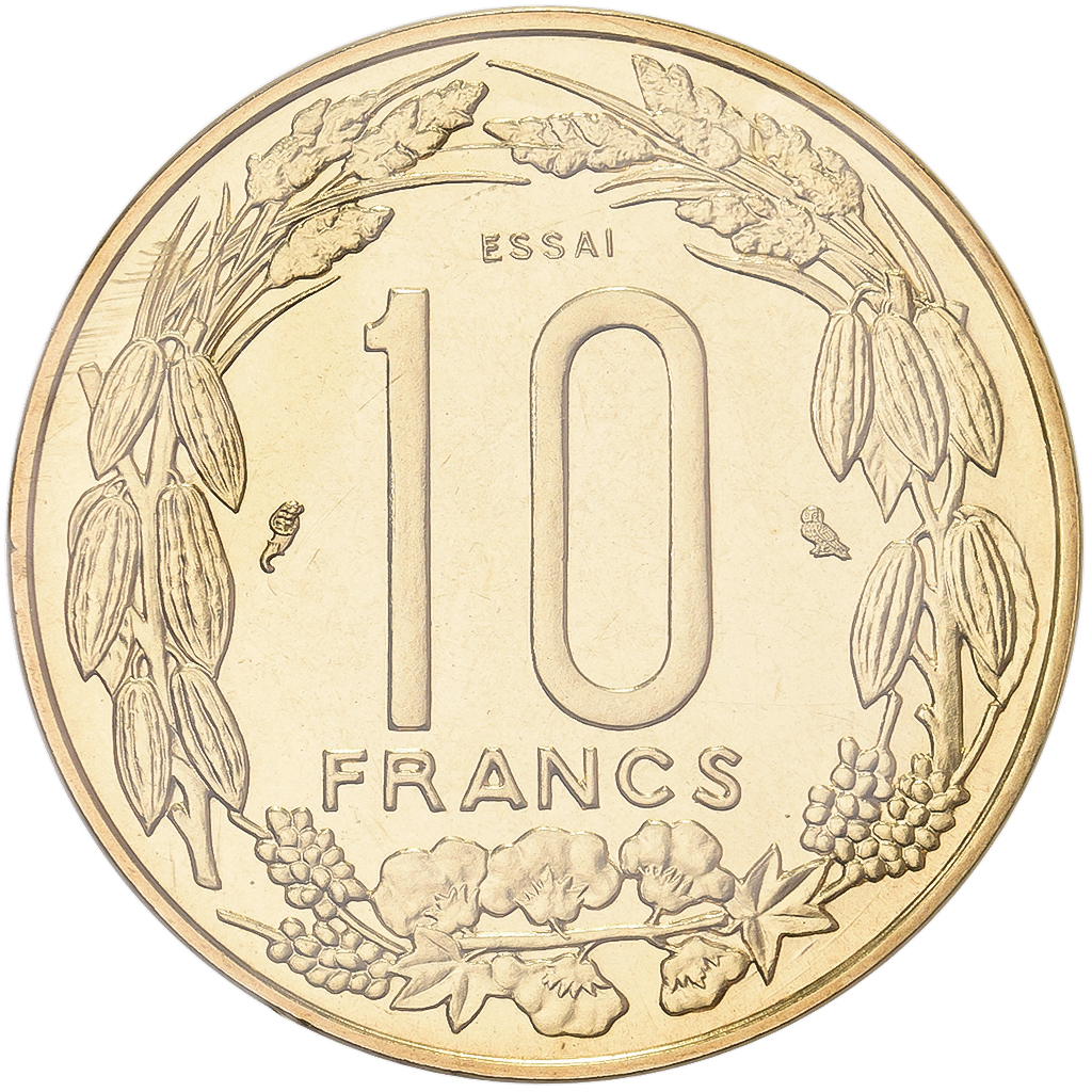 Central African States, 10 Francs, 1974, MDP, Pattern, Bronze-Aluminium