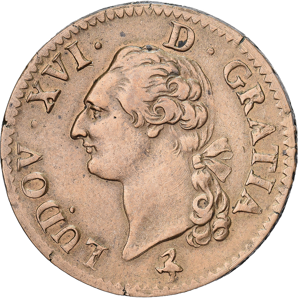 France, Louis XVI, 1 Sol, 1791, Paris, 2nd semester, Copper, AU